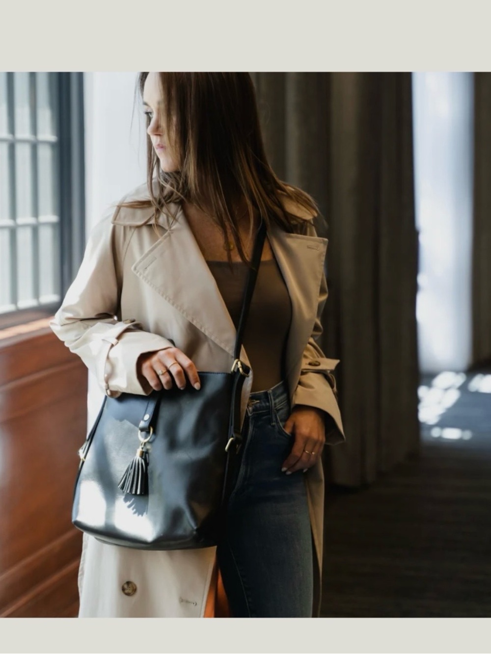 Women's Black Leather Shoulder Bag with Tassel Accent